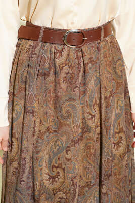 Etnik Desenli Kemerli Şifon Etek Camel - Etek