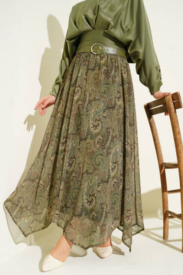 Etnik Desenli Kemerli Şifon Etek Haki - Etek