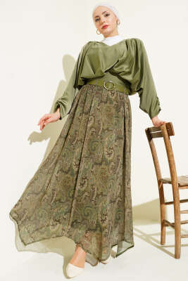 Etnik Desenli Kemerli Şifon Etek Haki - Etek