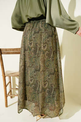 Etnik Desenli Kemerli Şifon Etek Haki - Etek