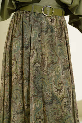 Etnik Desenli Kemerli Şifon Etek Haki - Etek