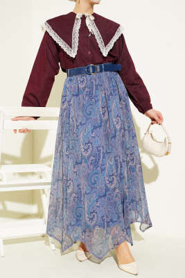 Etnik Desenli Kemerli Şifon Etek İndigo - Etek