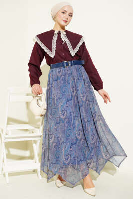 Etnik Desenli Kemerli Şifon Etek İndigo - Etek