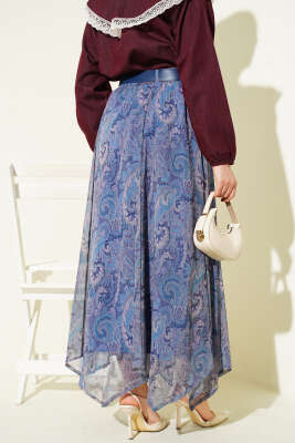 Etnik Desenli Kemerli Şifon Etek İndigo - Etek