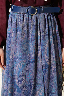 Etnik Desenli Kemerli Şifon Etek İndigo - Etek