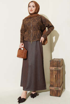 Etnik Desenli Kot Jileli İkili Takım Kahve - ZAMANE (QSS)