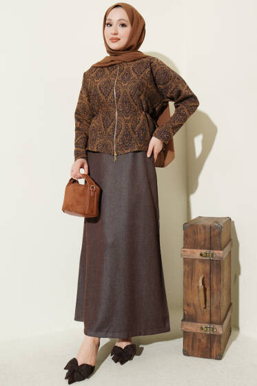 Etnik Desenli Kot Jileli İkili Takım Kahve - İkili Takım