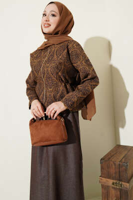 Etnik Desenli Kot Jileli İkili Takım Kahve - İkili Takım