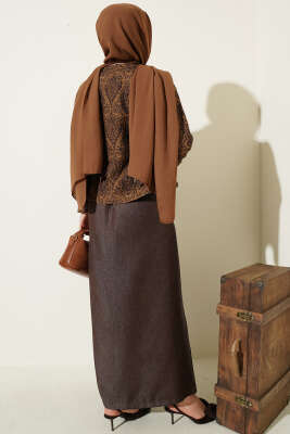 Etnik Desenli Kot Jileli İkili Takım Kahve - İkili Takım