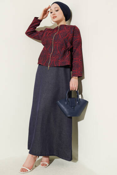 Etnik Desenli Kot Jileli İkili Takım Lacivert - İkili Takım