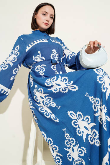 Etnik Desenli Kuşaklı Elbise İndigo - Elbise
