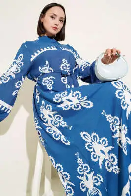 Etnik Desenli Kuşaklı Elbise İndigo