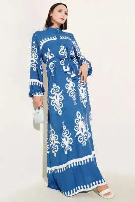 Etnik Desenli Kuşaklı Elbise İndigo - Tesettür Elbise