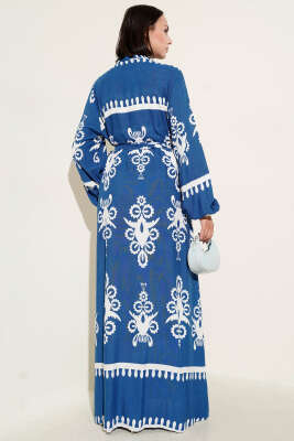 Etnik Desenli Kuşaklı Elbise İndigo - Tesettür Elbise