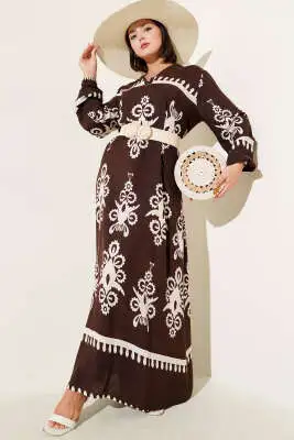 Etnik Desenli Kuşaklı Elbise Kahve - HBS