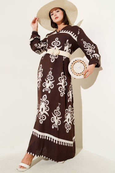 Etnik Desenli Kuşaklı Elbise Kahve - Elbise