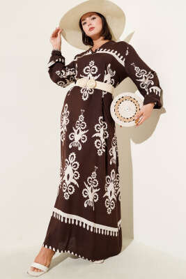 Etnik Desenli Kuşaklı Elbise Kahve