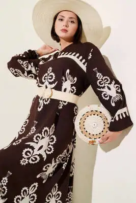 Etnik Desenli Kuşaklı Elbise Kahve - Tesettür Elbise