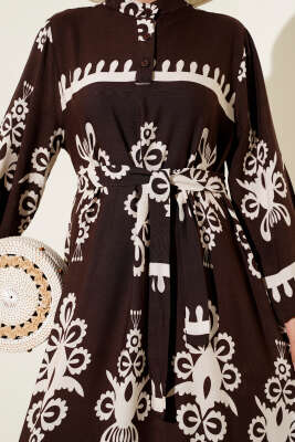Etnik Desenli Kuşaklı Elbise Kahve - Tesettür Elbise