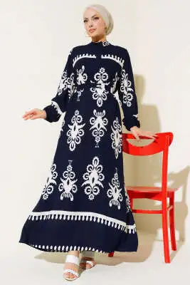 Etnik Desenli Kuşaklı Elbise Lacivert - Tesettür Elbise