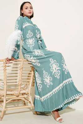 Etnik Desenli Kuşaklı Elbise Mint 