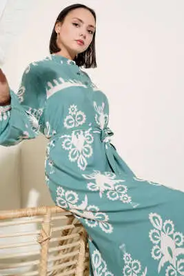 Etnik Desenli Kuşaklı Elbise Mint - Tesettür Elbise