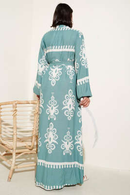 Etnik Desenli Kuşaklı Elbise Mint - Tesettür Elbise