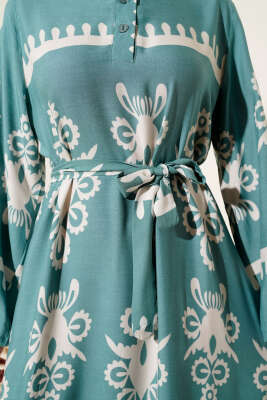 Etnik Desenli Kuşaklı Elbise Mint - Tesettür Elbise