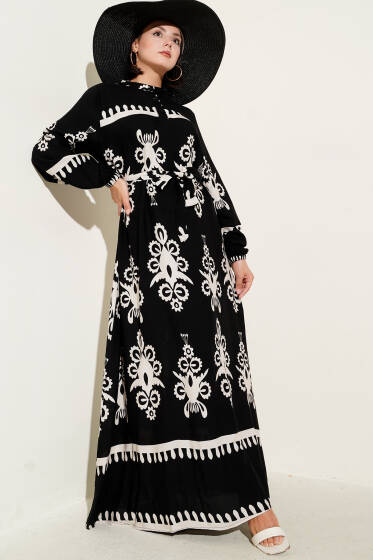 Etnik Desenli Kuşaklı Elbise Siyah - Elbise