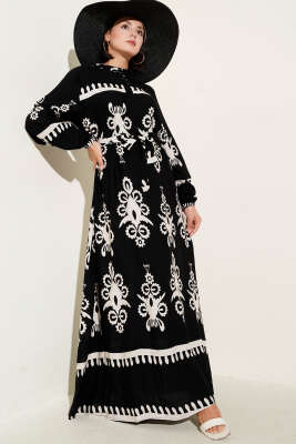 Etnik Desenli Kuşaklı Elbise Siyah