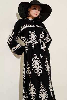 Etnik Desenli Kuşaklı Elbise Siyah - Yılın Fırsatı