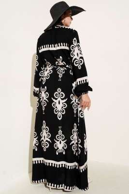 Etnik Desenli Kuşaklı Elbise Siyah - Yılın Fırsatı