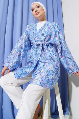 Etnik Desenli Kuşaklı Kimono Mavi 