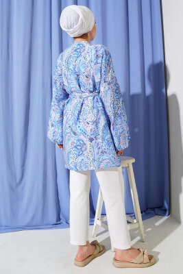 Etnik Desenli Kuşaklı Kimono Mavi - Dış Giyim&Mont