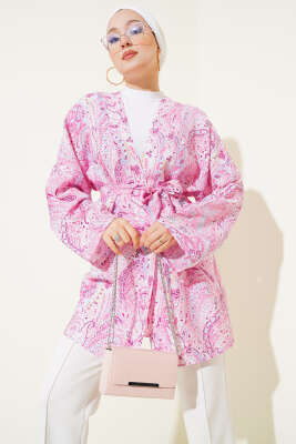 Etnik Desenli Kuşaklı Kimono Pembe 