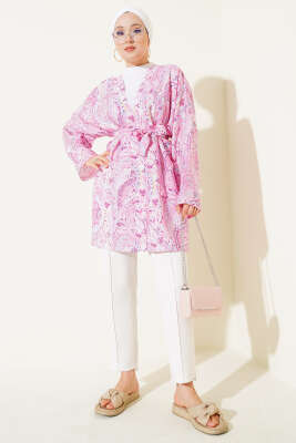 Etnik Desenli Kuşaklı Kimono Pembe - Dış Giyim&Mont
