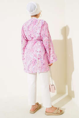 Etnik Desenli Kuşaklı Kimono Pembe - Dış Giyim&Mont