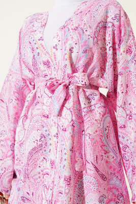 Etnik Desenli Kuşaklı Kimono Pembe - Dış Giyim&Mont