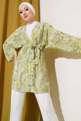 Etnik Desenli Kuşaklı Kimono Yeşil 