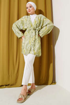 Etnik Desenli Kuşaklı Kimono Yeşil - Dış Giyim&Mont