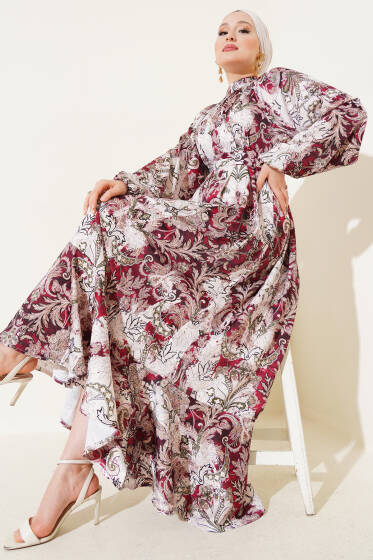 Etnik Desenli Kuşaklı Saten Elbise Bordo - Elbise