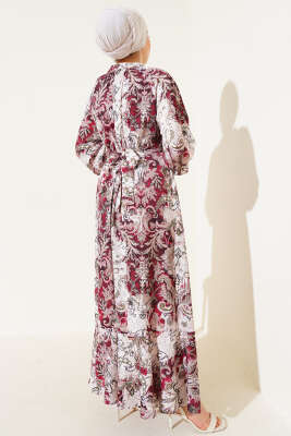 Etnik Desenli Kuşaklı Saten Elbise Bordo - Tesettür Elbise