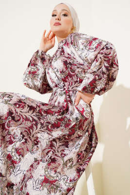 Etnik Desenli Kuşaklı Saten Elbise Bordo - Tesettür Elbise