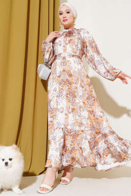 Etnik Desenli Kuşaklı Saten Elbise Hardal 