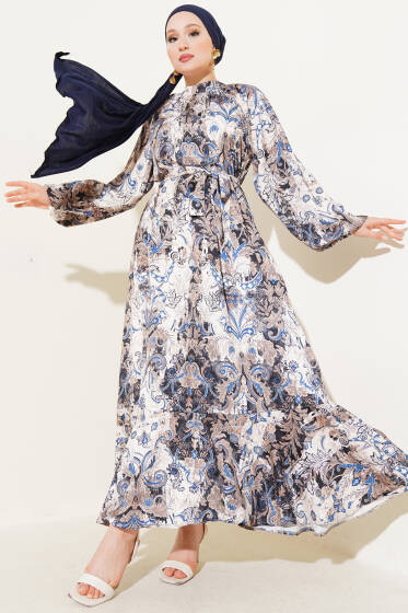 Etnik Desenli Kuşaklı Saten Elbise Mavi - Elbise