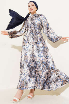 Etnik Desenli Kuşaklı Saten Elbise Mavi 