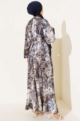 Etnik Desenli Kuşaklı Saten Elbise Mavi - Tesettür Elbise