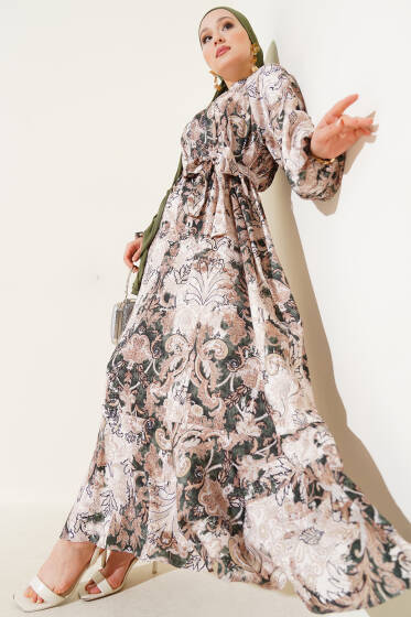 Etnik Desenli Kuşaklı Saten Elbise Yeşil - Elbise