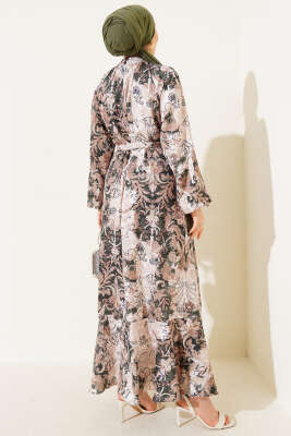 Etnik Desenli Kuşaklı Saten Elbise Yeşil - Tesettür Elbise