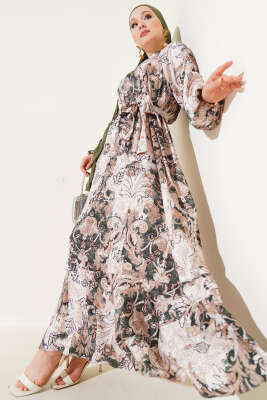 Etnik Desenli Kuşaklı Saten Elbise Yeşil 